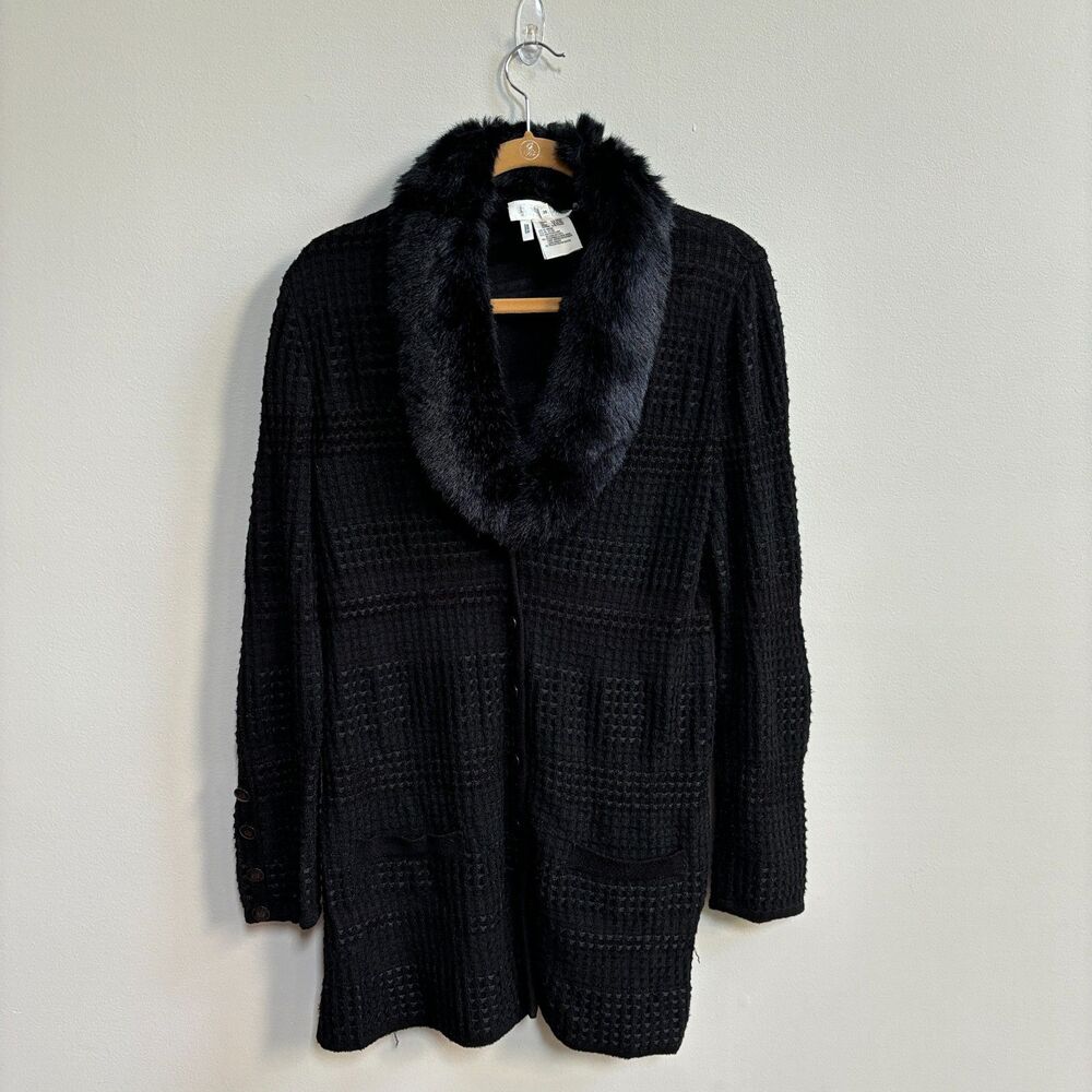 Escada VTG Wool Blend Fur Collar Cardigan Sweater Womens 38 Black Waffle Thermal